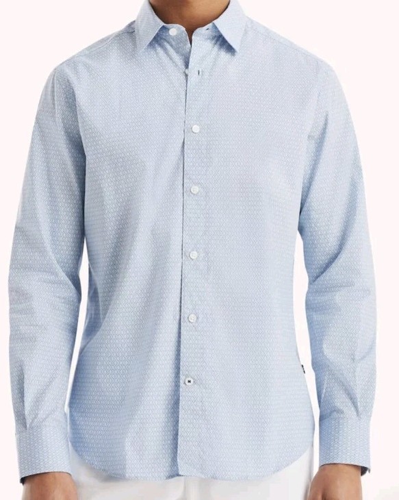 Nautica Mens Wrinkle Resistant Button Down Shirt Print Crystal Blue Size Medium