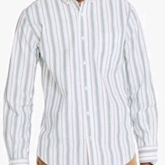 Nautica Classic Fit/Stretch Tan/Green Stripe Button Down Dress Shirt Size Medium